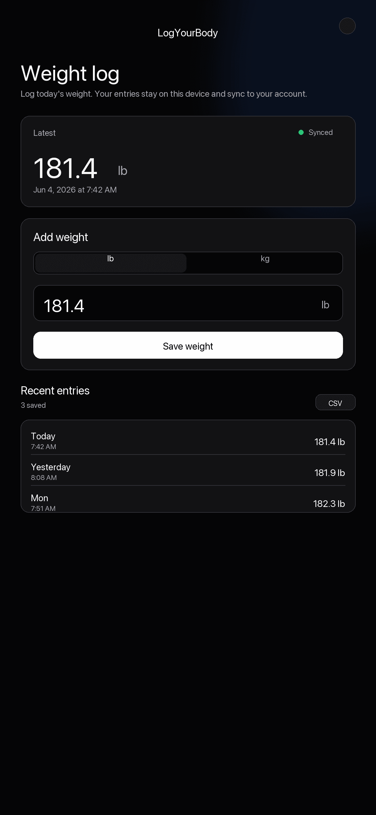 Real LogYourBody iPhone weight log showing the latest synced weight and recent entries